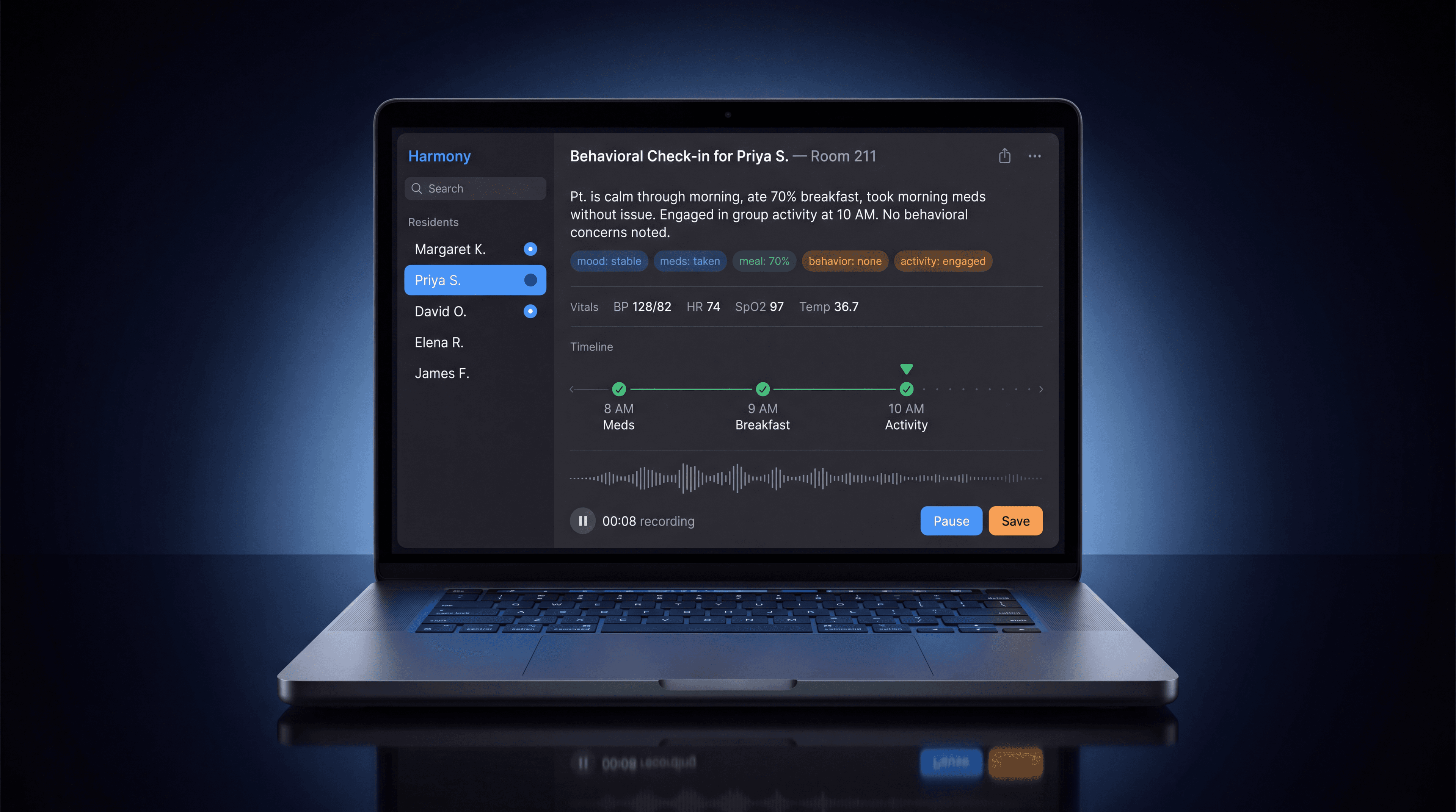 Harmony clinical documentation on MacBook Pro. Voice-to-chart note for Priya S., Room 211