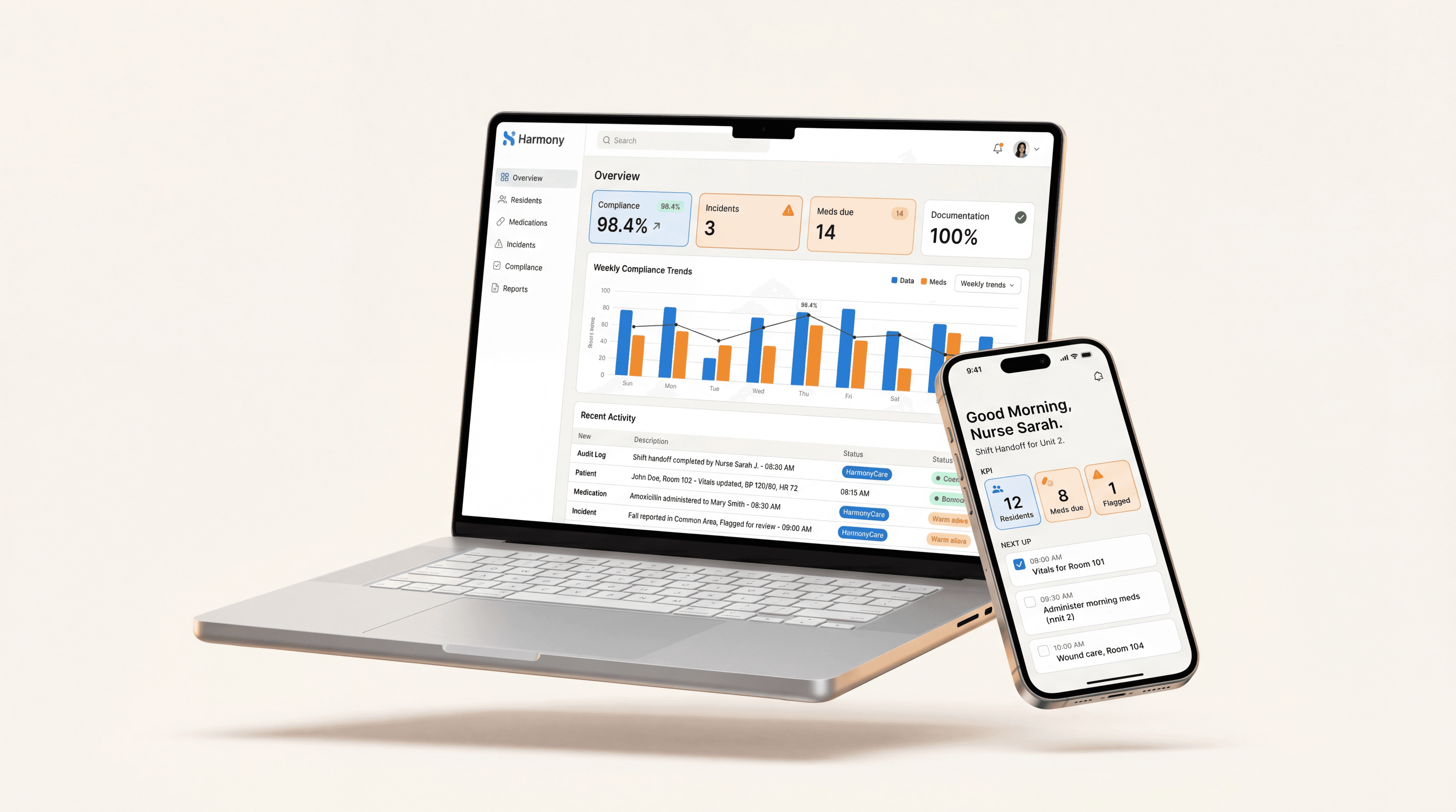 HarmonyCare admin dashboard on MacBook Pro alongside mobile shift-handoff on iPhone