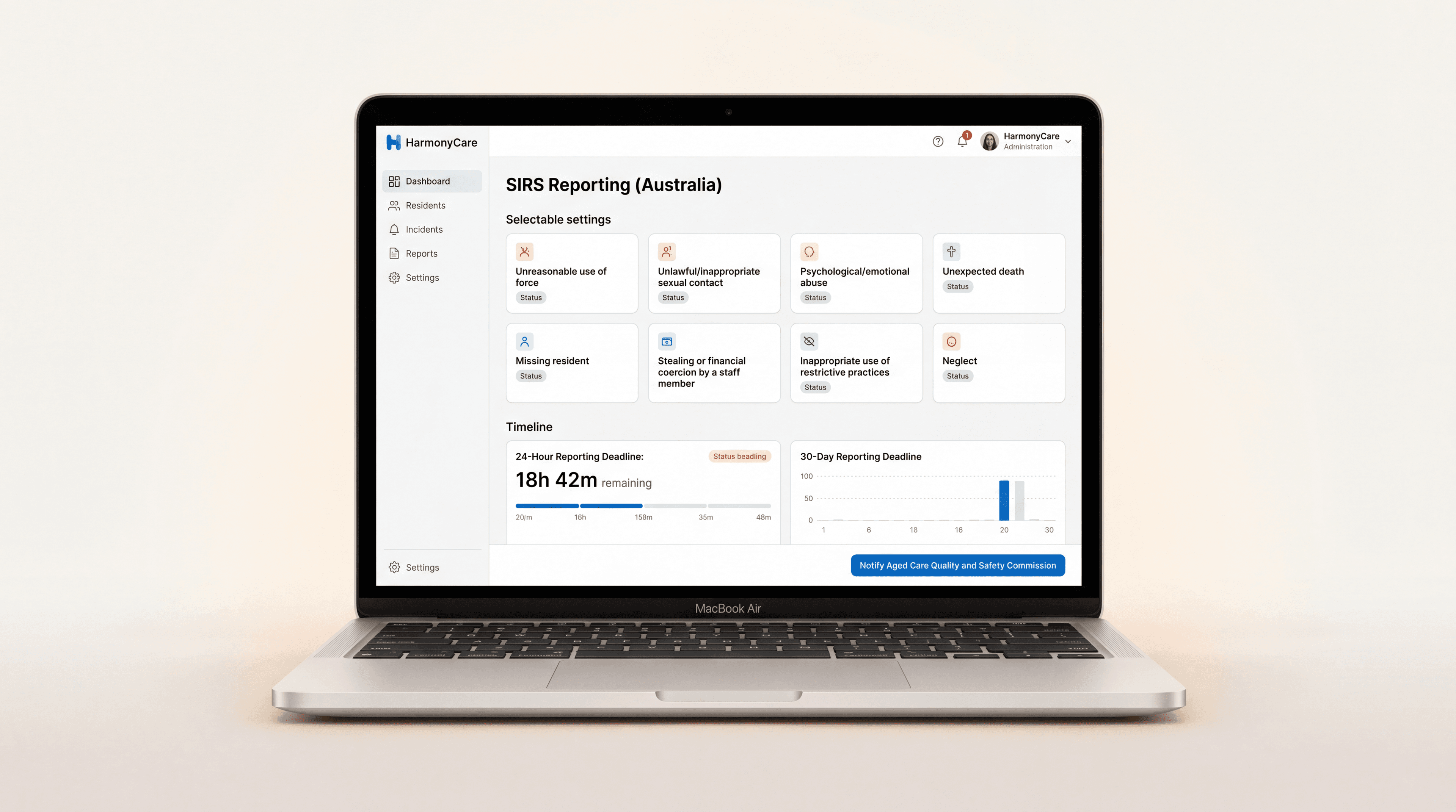 HarmonyCare admin UI configured for Australia. Jurisdiction-specific workflow and regulatory references