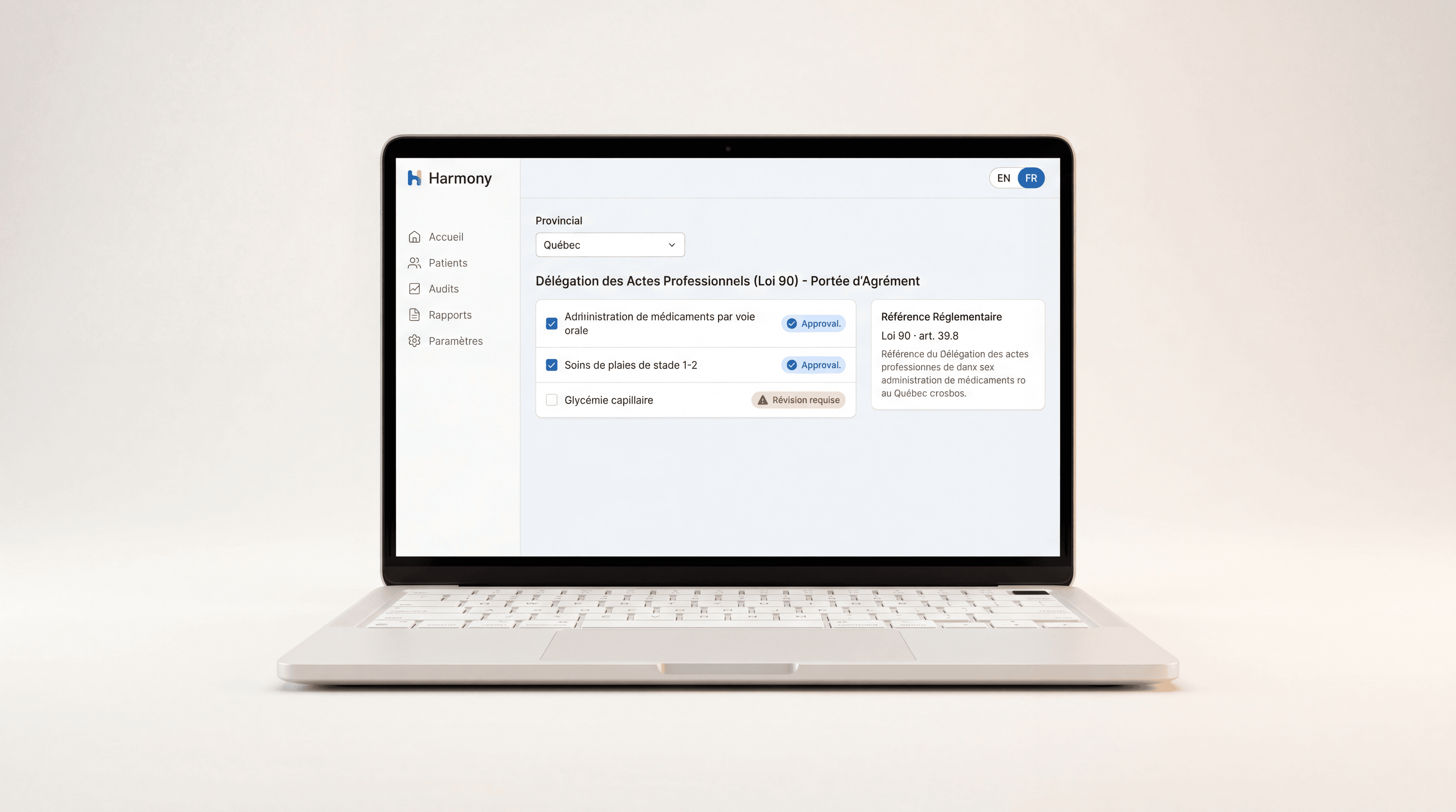 HarmonyCare admin UI configured for Canada. Jurisdiction-specific workflow and regulatory references