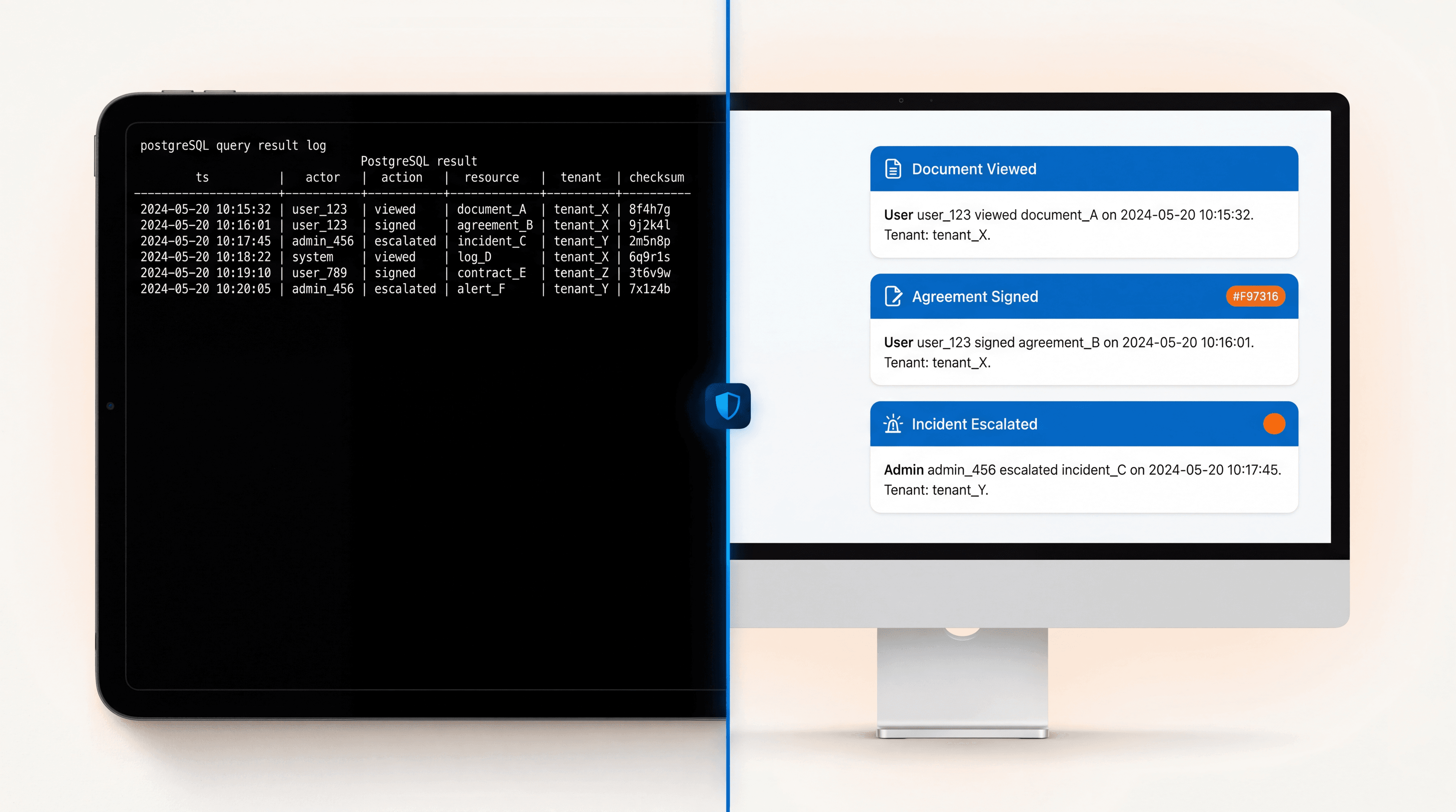 Trust architecture. Terminal audit log on left paired with human-readable admin UI on right, divided by a HarmonyCare blue shield